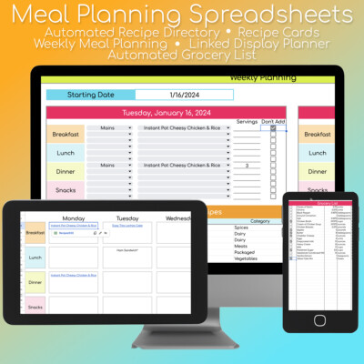 meal planning spreadsheets on phone, tablet, and computer.