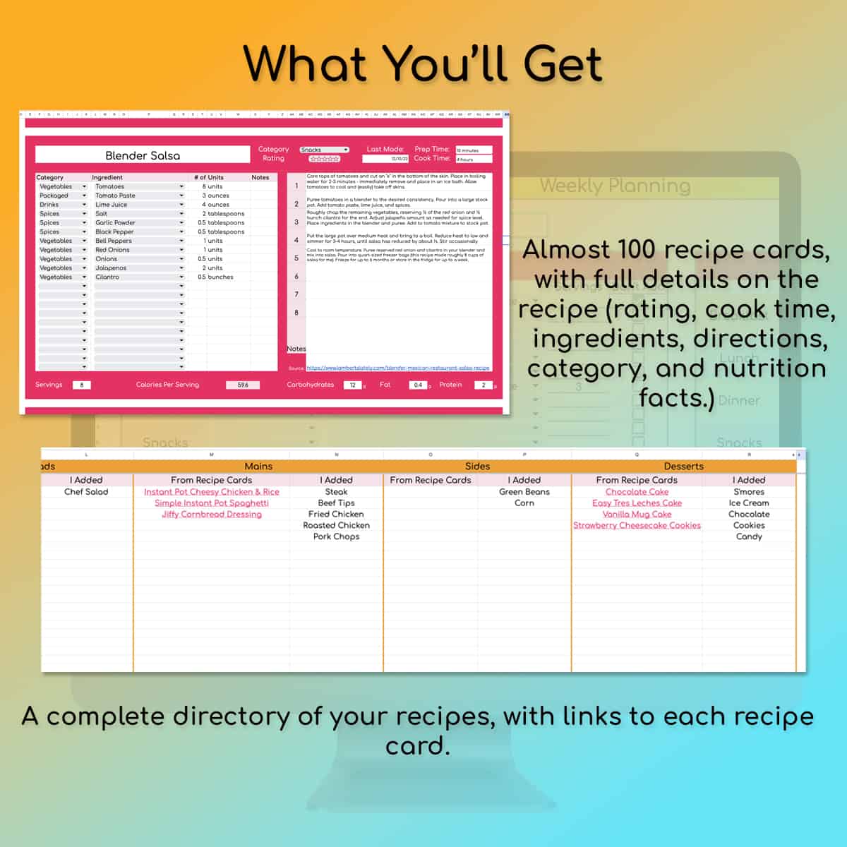 recipe cards and recipe directory in spreadsheets.