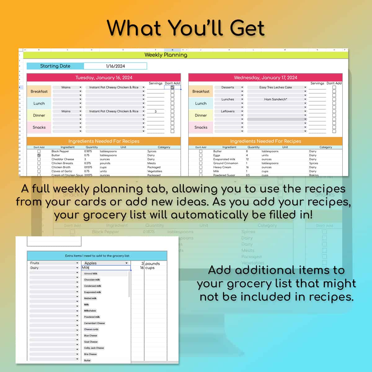 meal planning tab and extra items list.