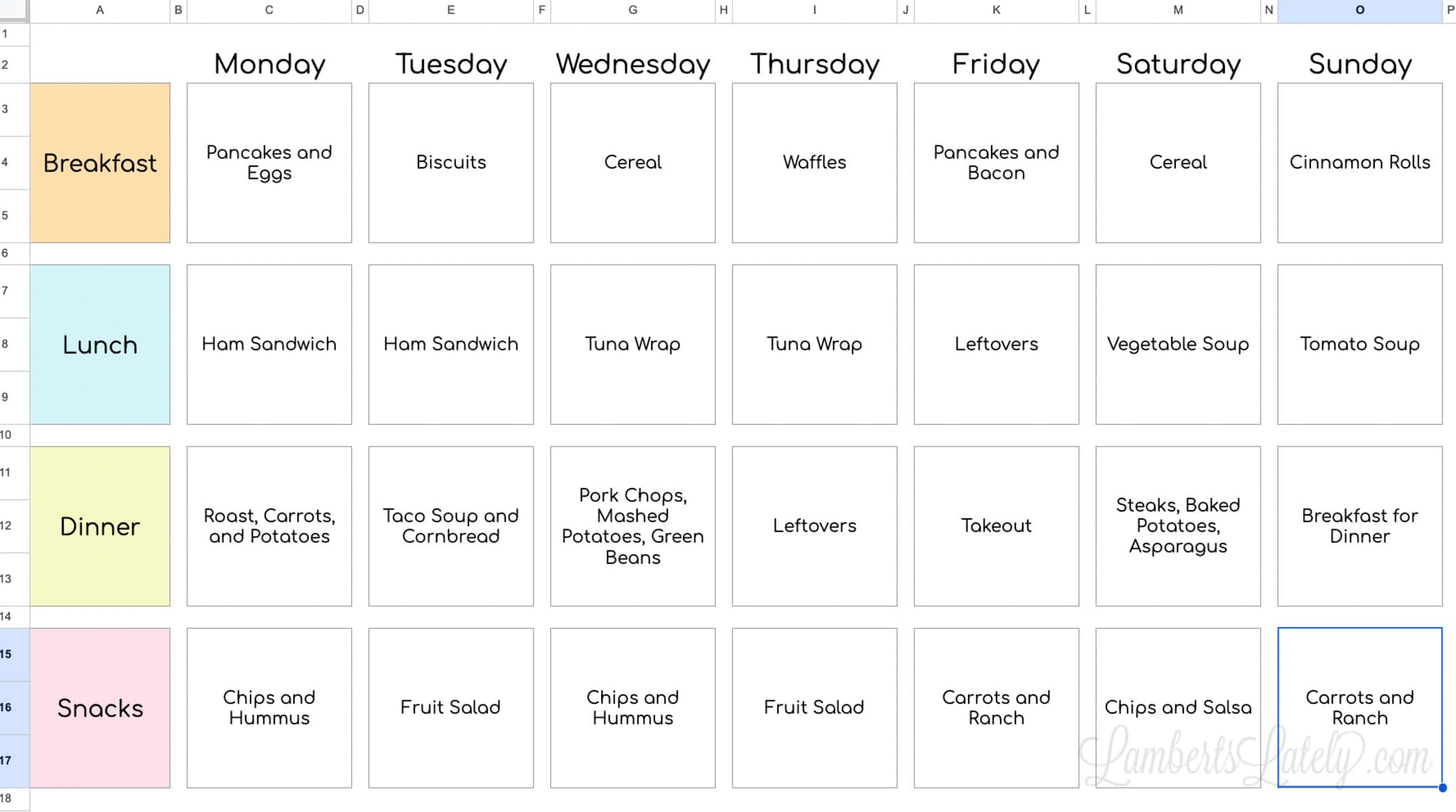 weekly meal planning tab in google sheets.