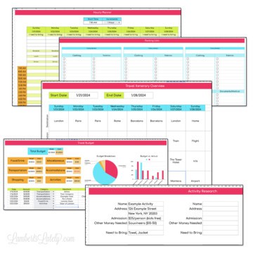 screenshots of a travel itinerary template from google sheets.