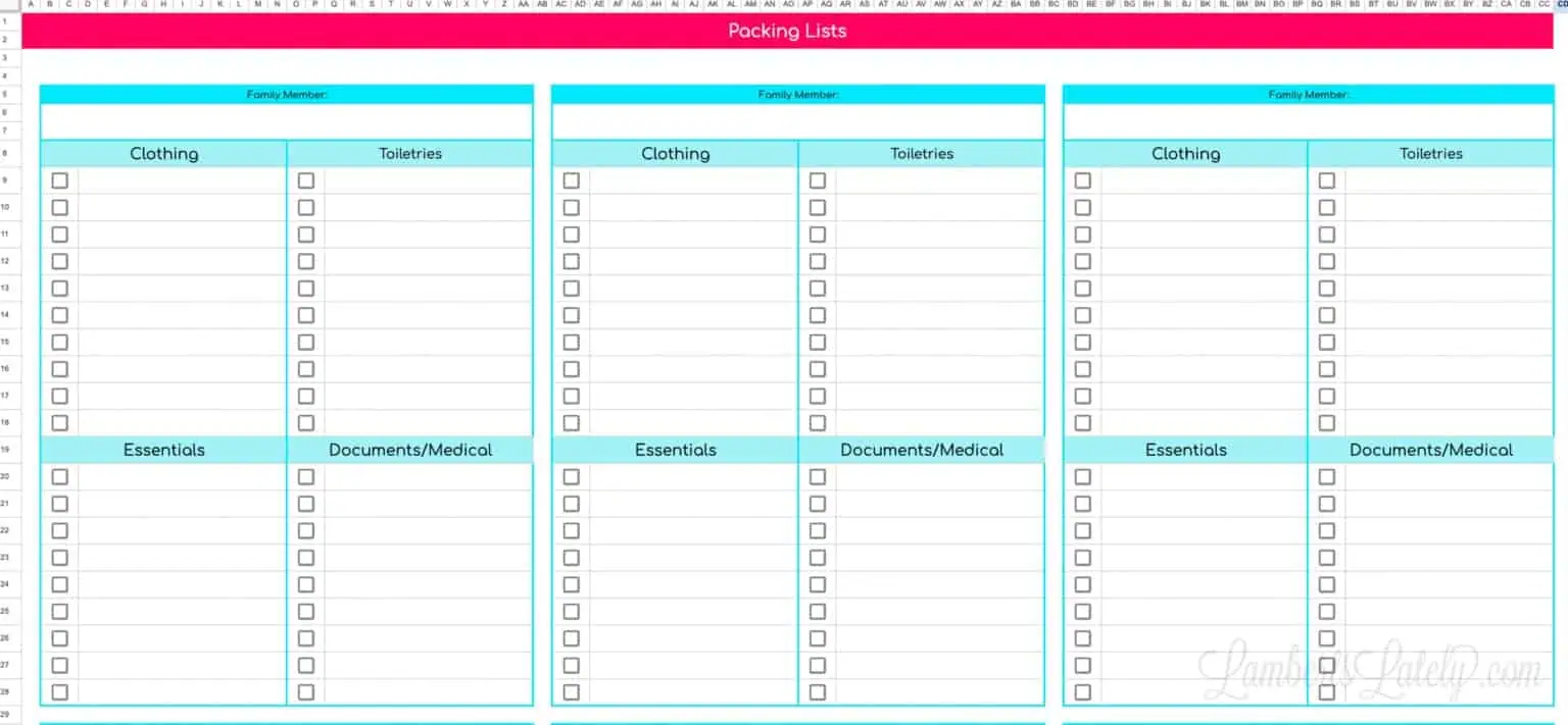 screenshot of packing list spreadsheet.