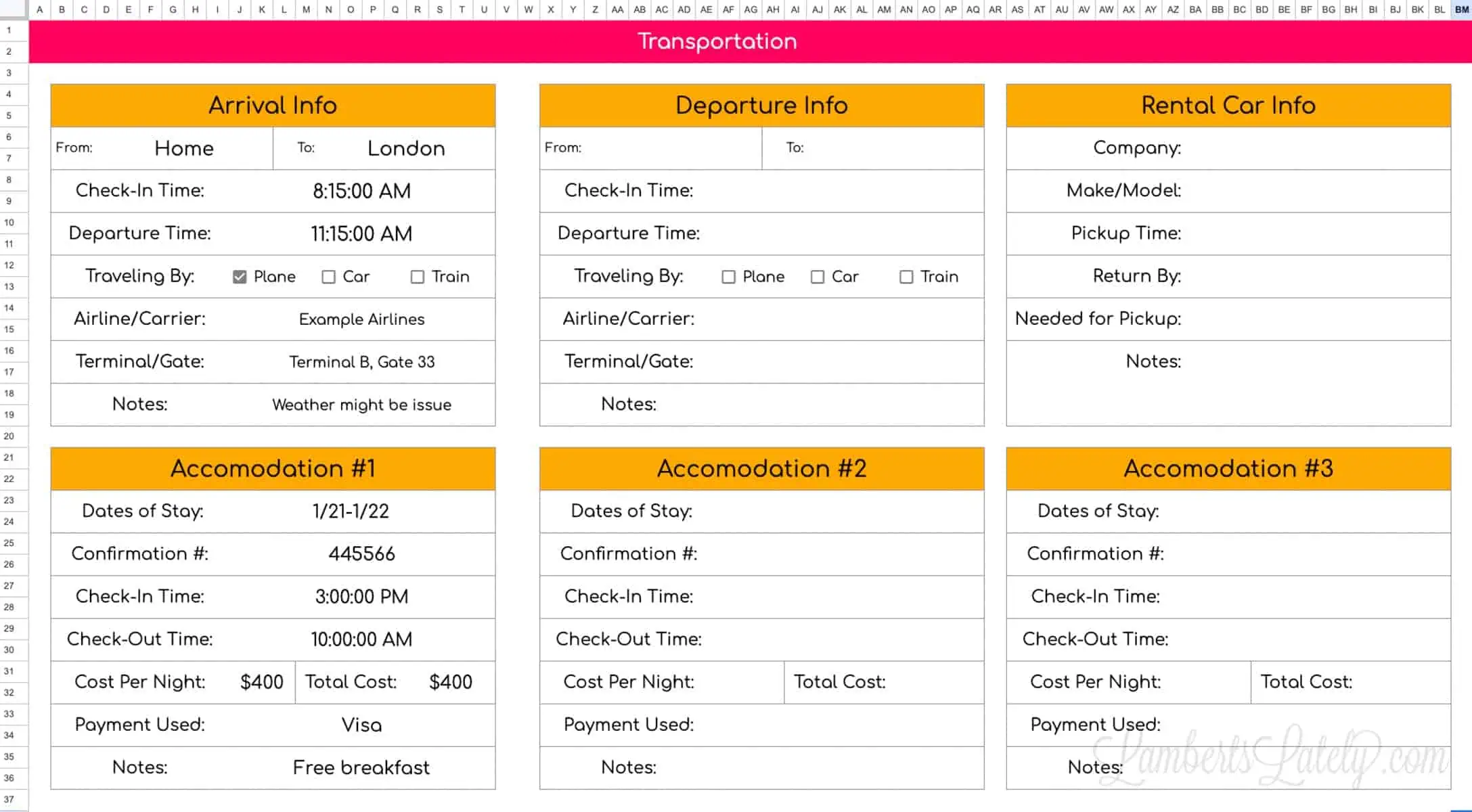 transportation and accomodations details tab in google sheets.