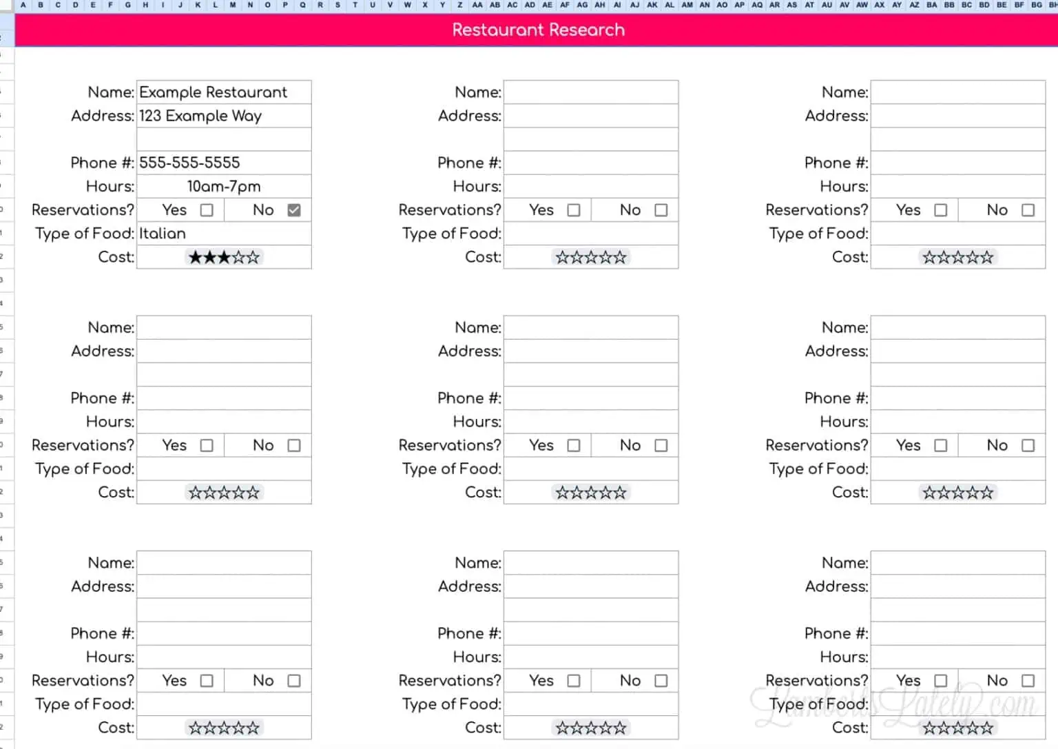 restaurant planning tab for travel itinerary.