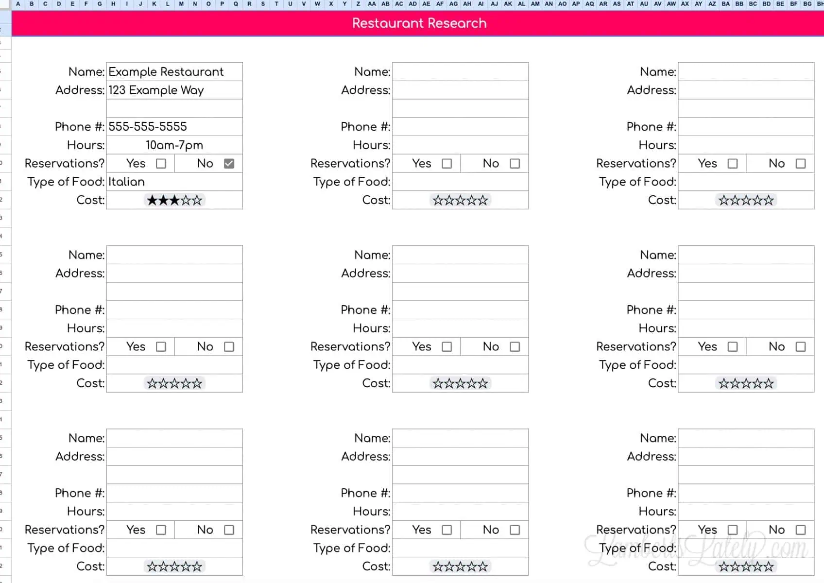 restaurant planning tab for travel itinerary.