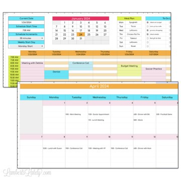 screenshots of weekly and monthly schedule templates for google sheets.