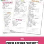 Printable family cruise packing list with categories for electronics, clothes, kids, and essentials.