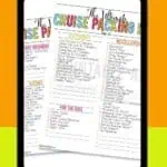 Printable family cruise packing list PDF on tablet with colorful header and checklist.