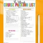 Family cruise packing checklist with electronics, miscellaneous, and kids' items for travel.