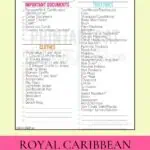 Family cruise packing checklist with essential documents, toiletries, clothes, and accessories.