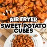 Crispy, golden-brown air fryer sweet potato cubes on a white plate.