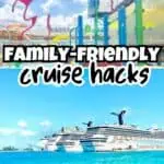Colorful cruise ship water park with family-friendly activities and large ships in the background.