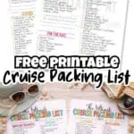Colorful cruise packing checklist with travel essentials and kids' items.