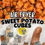 Close-up of seasoned sweet potato cubes for air fryer recipe with spices and oil.