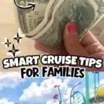 Folded dollar bill with fishing hook for cruise tips, colorful water park background.