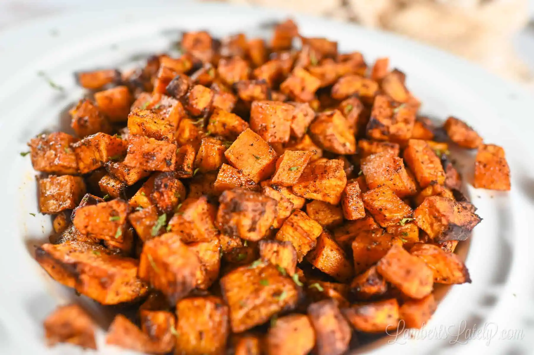 close up of sweet potato cubes after cooking.