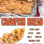 crawfish bread, with ingredient list.