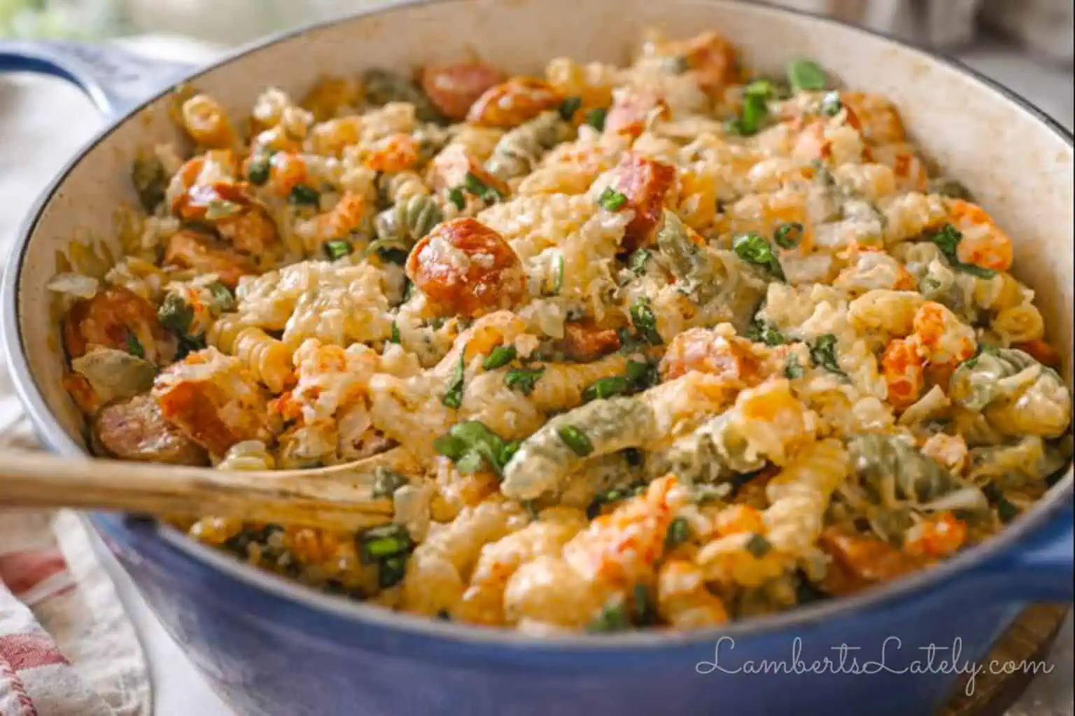 close up of crawfish monica pasta in a large pot.