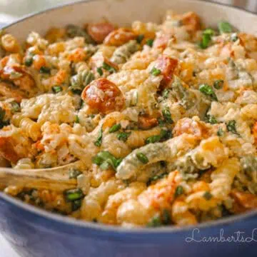 close up of crawfish monica pasta in a large pot.