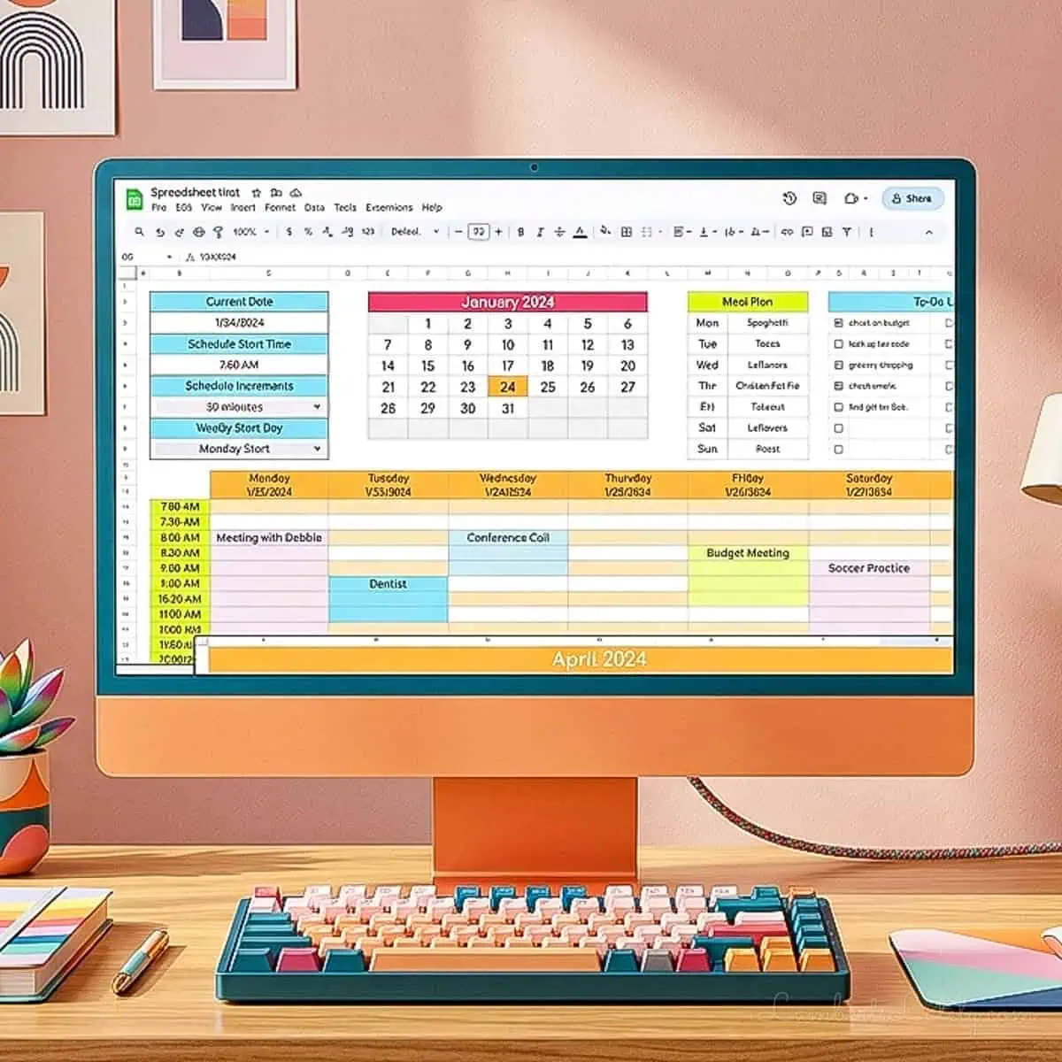 colorful google sheets schedule template on a desktop computer.