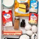 Ingredients for Tres Leches Cake with Cake Mix, including eggs, milk, and sweetened condensed milk.