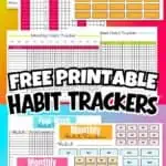 Collection of free printable habit trackers for daily, weekly, monthly, and yearly goals.