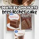 Delicious chocolate tres leches cake with chocolate bars and milk ingredients.