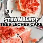 Slice of strawberry tres leches cake topped with freeze-dried strawberries.