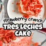 Slice of strawberry crunch Tres Leches Cake on a white plate with pink crumbs and whipped topping.
