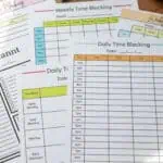 Printable weekly and daily time blocking schedules with colorful sticky notes and paper clips.