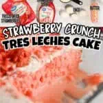 Close-up of Strawberry Tres Leches Cake with ingredients labeled for recipe.