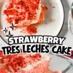 Slice of strawberry tres leches cake with pink frosting and strawberry crumbs.