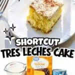 Delicious shortcut tres leches cake made with box cake mix on a white plate.