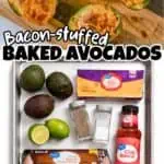 Ingredients for baked avocados with bacon and cheese on a wooden board.