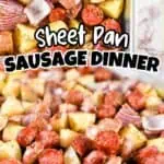 Roasted sausage, potatoes, and onions on a sheet pan for dinner.