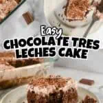 Delicious homemade chocolate tres leches cake with moist texture and chocolate topping.