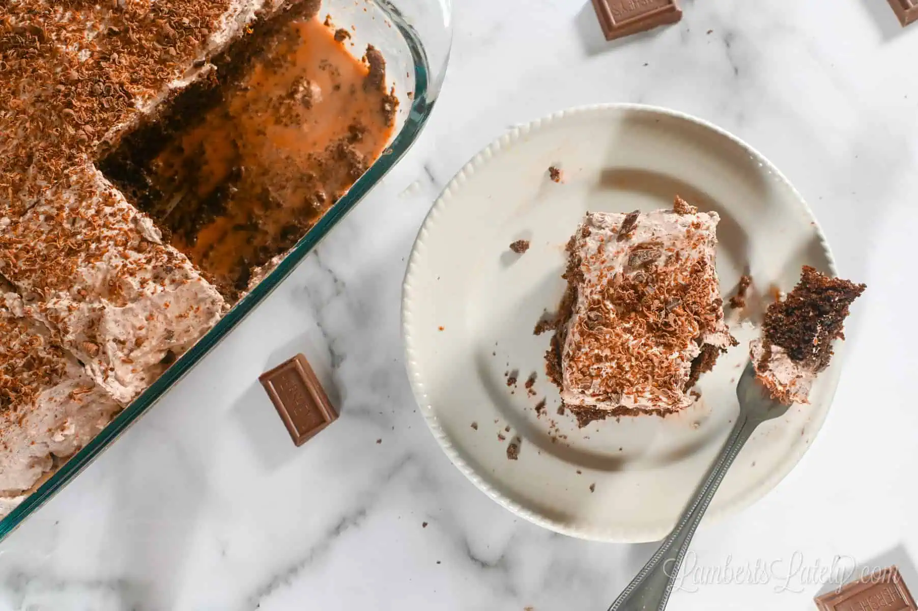 chocolate tres leches cake in a baking pan, with pieces missing, and piece on a plate.