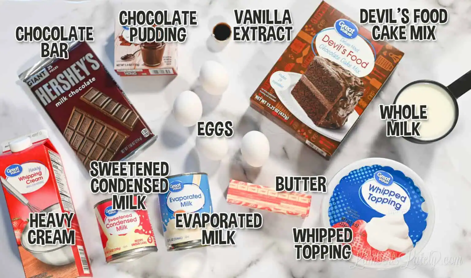 ingredients for chocolate tres leches cake.