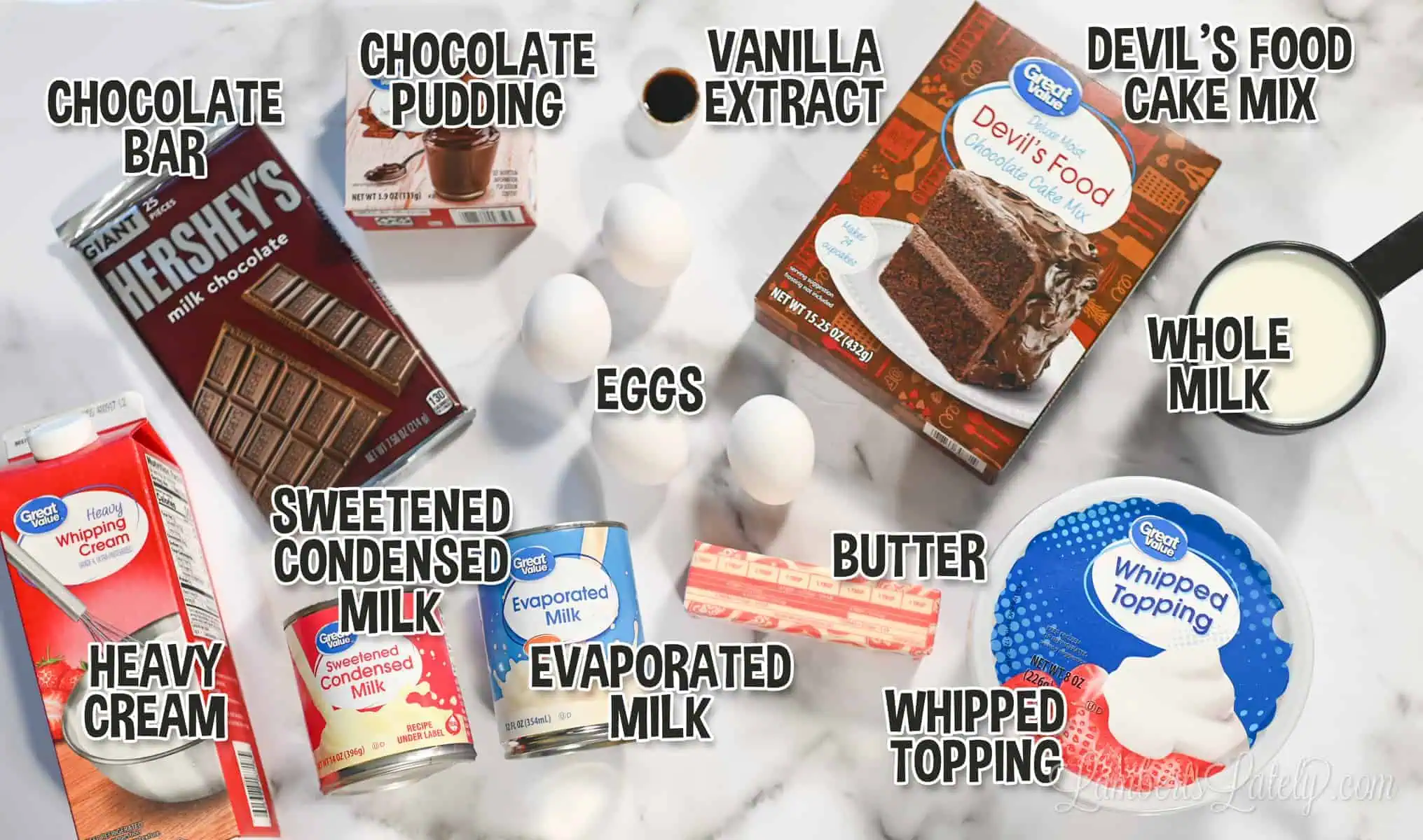 ingredients for chocolate tres leches cake.