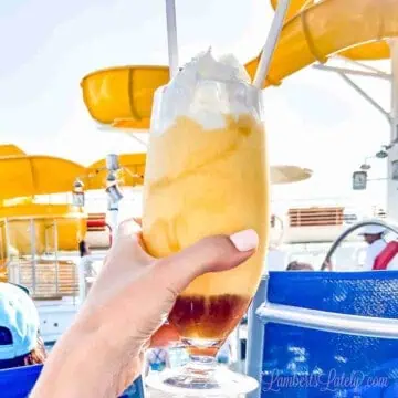 holding a dole whip in front of a slide on a disney cruise ship.