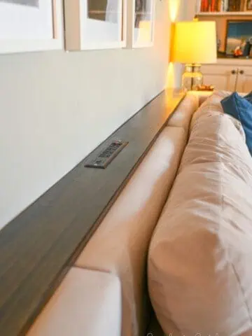 a diy sofa table behind the couch.