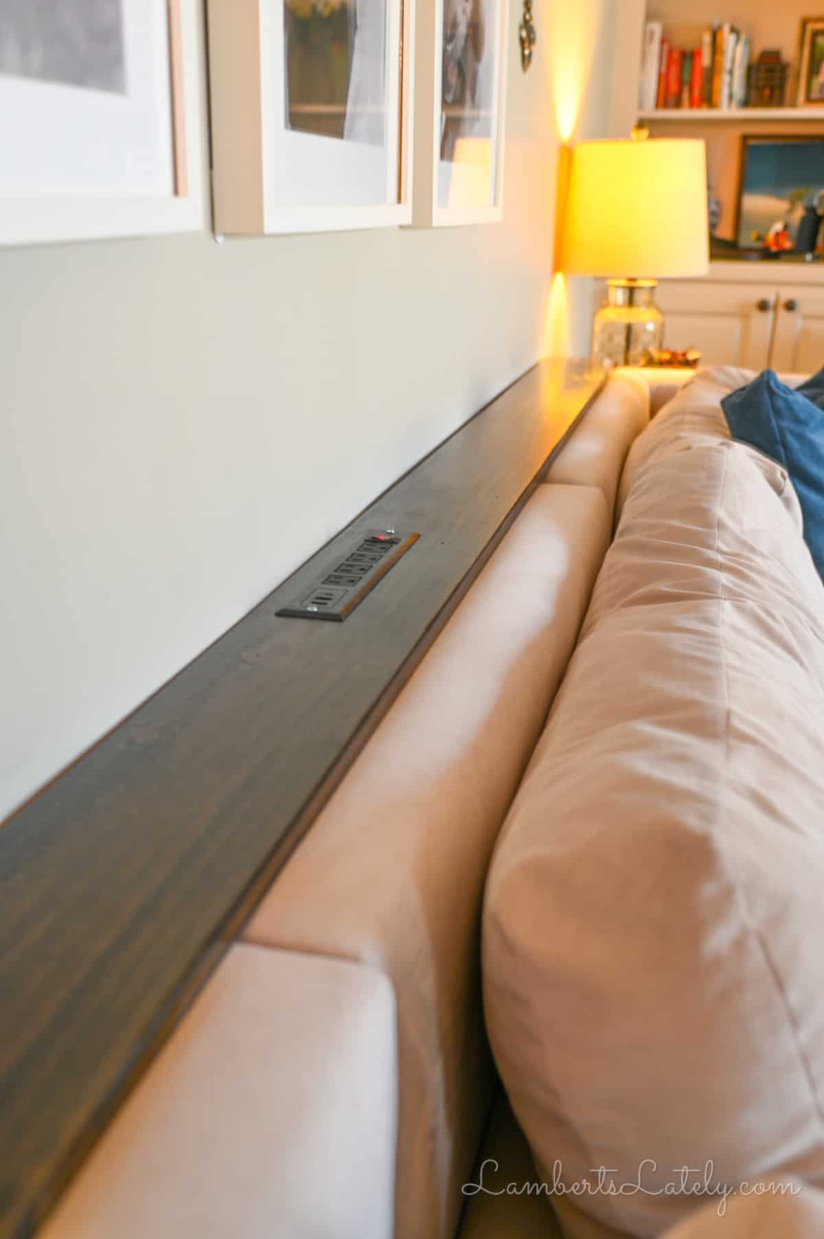 a diy sofa table behind the couch.