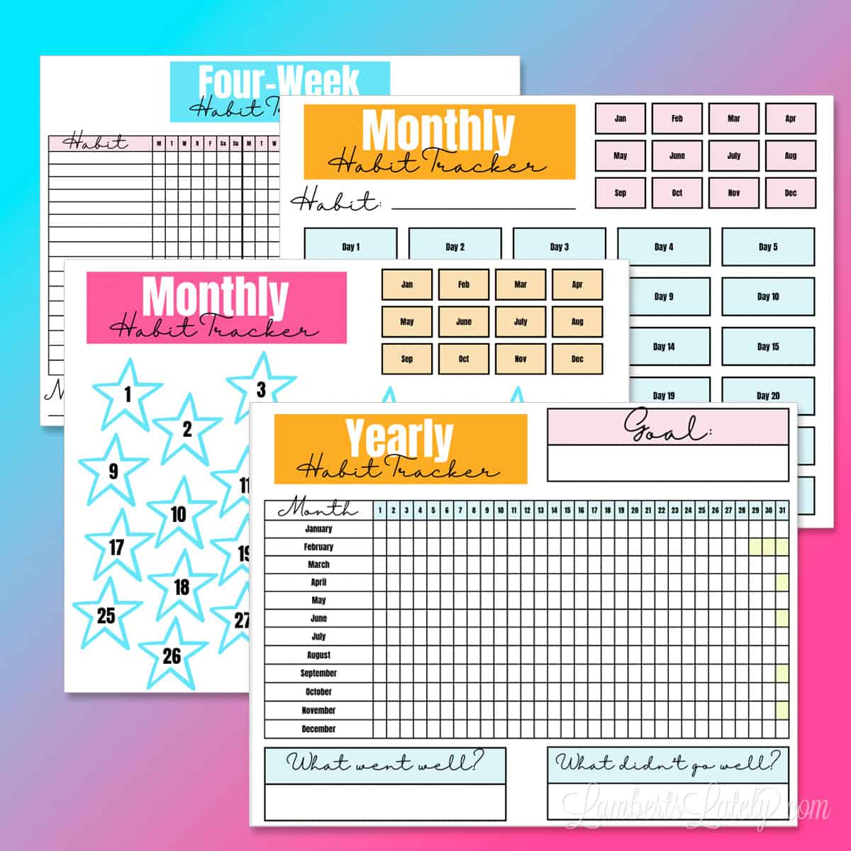 blocky and colorful design on printable habit trackers.