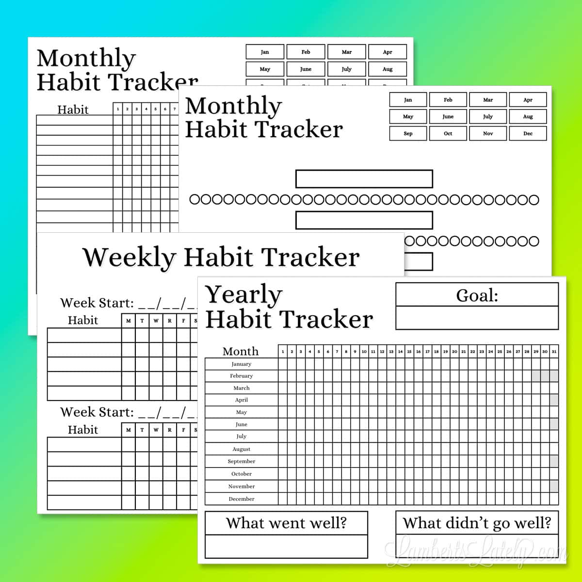 set of simple black and white habit trackers.