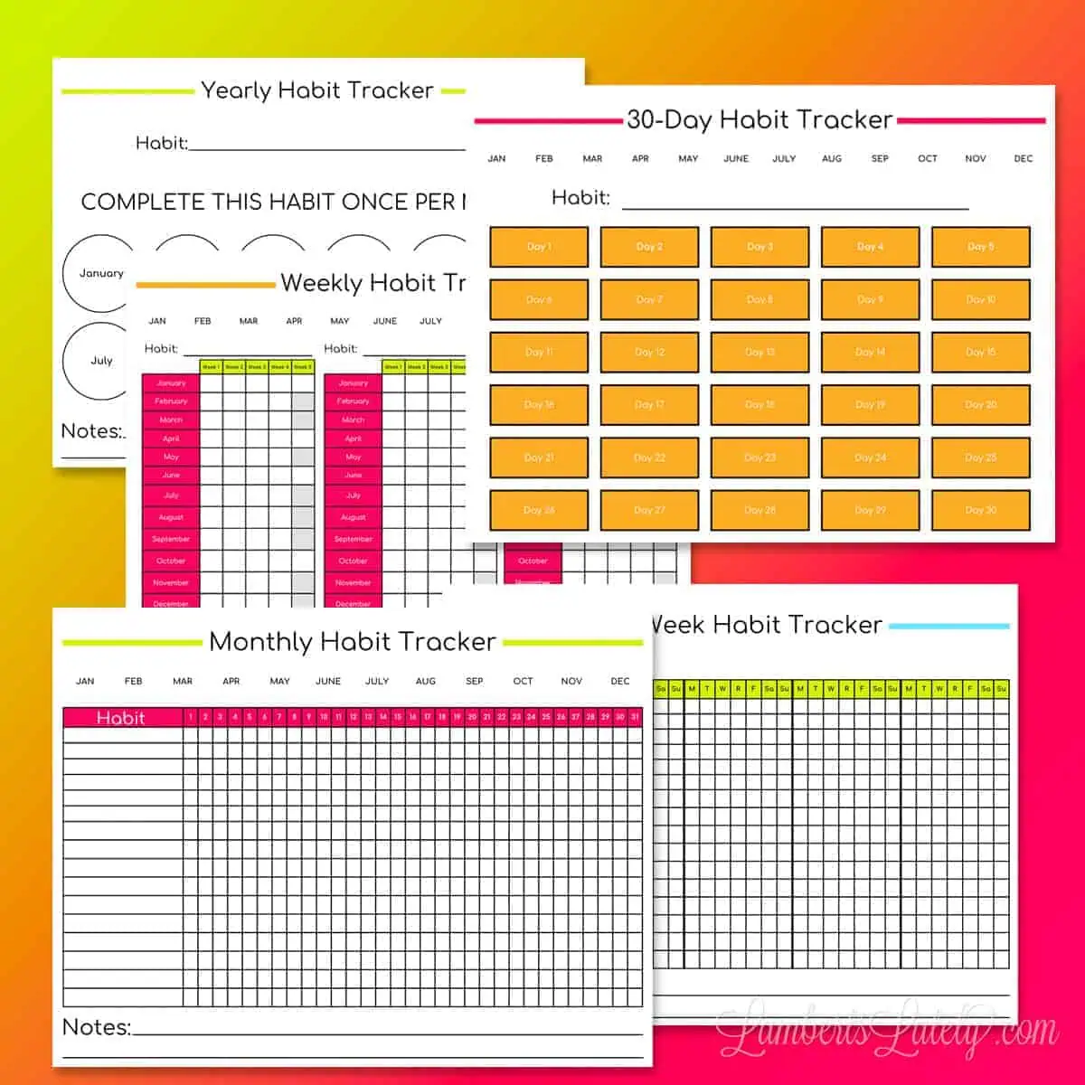 set of bright and colorful habit tracker printables.