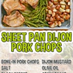 sheet pan dijon pork chops, with ingredient list.
