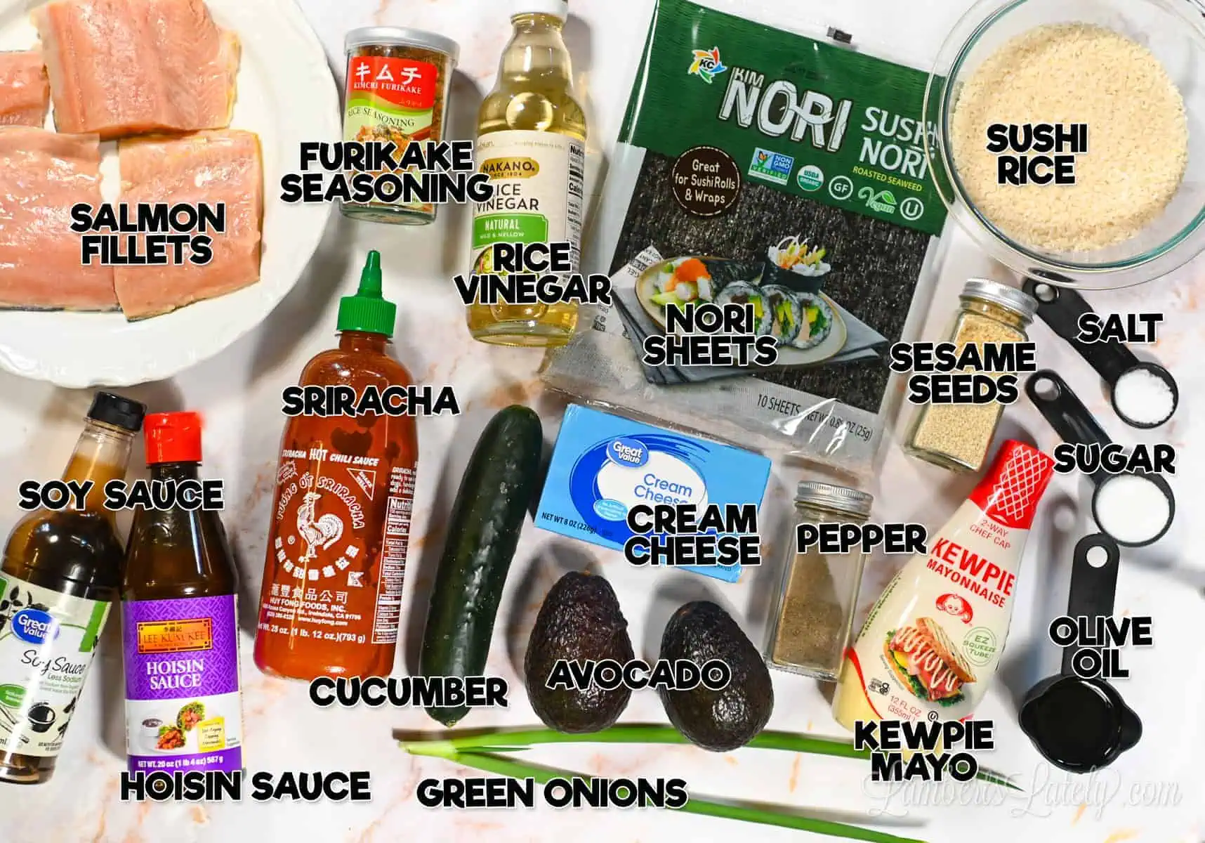 ingredients for spicy salmon sushi casserole.