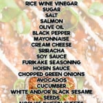 spicy salmon sushi bake, with ingredient list.