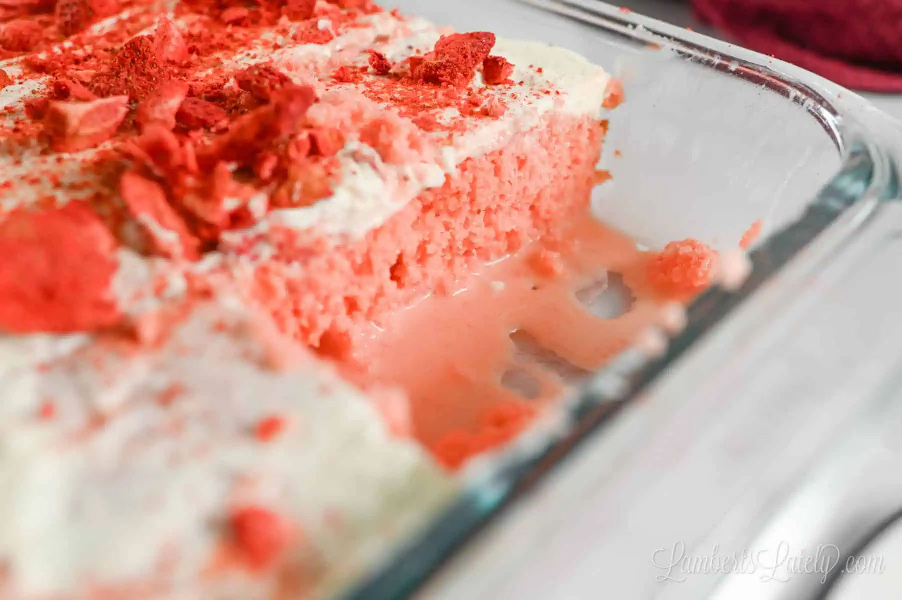 close up of a cut tres leches cake in a baking dish.