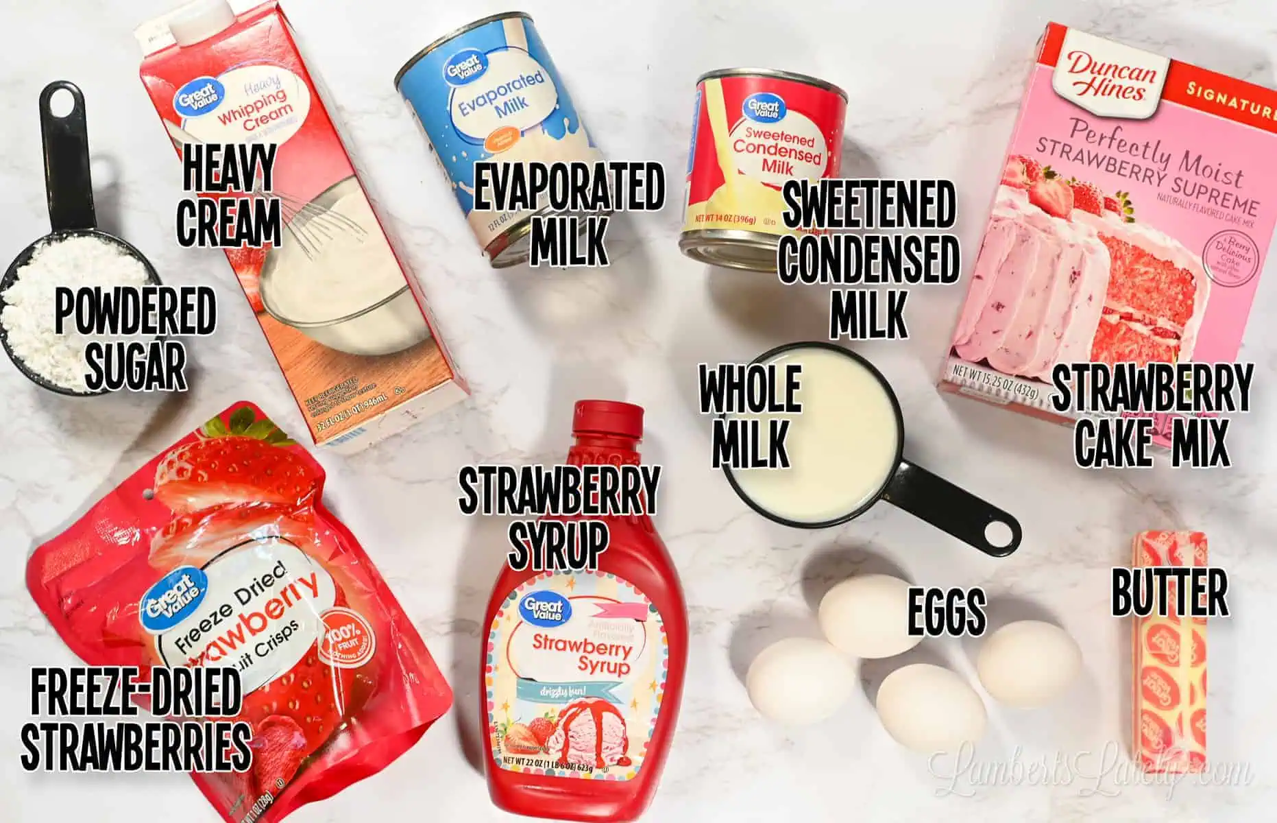 ingredients for strawberry tres leches cake.
